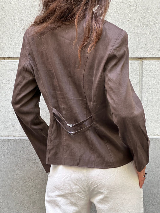 Vintage Linen Blend Brown Back Buckle Blazer Jacket S/M