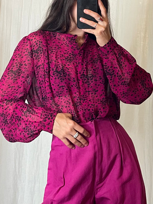 Vintage Fuchsia Silk Printed Blouse S/M