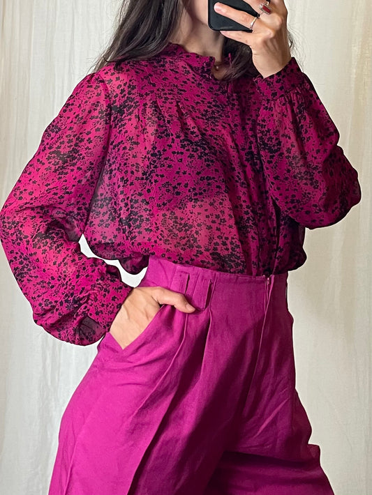 Vintage Fuchsia Silk Printed Blouse S/M