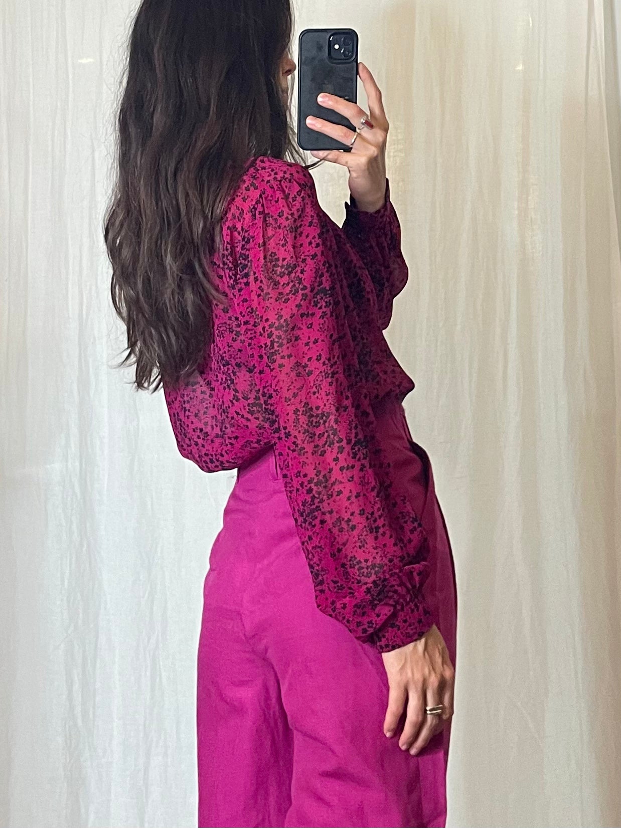 Vintage Fuchsia Silk Printed Blouse S/M