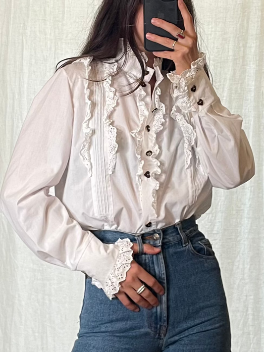 Vintage White Ruffle Front Cotton Long Sleeve Blouse S/M