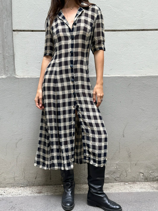 Vintage Dark Navy & Cream Plaid Collared Midi Dress M