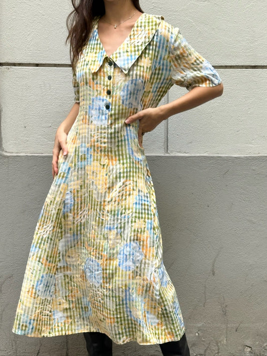 Large Collar Floral Multicolor Midi Dress M/L