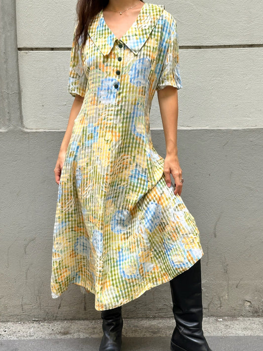 Large Collar Floral Multicolor Midi Dress M/L