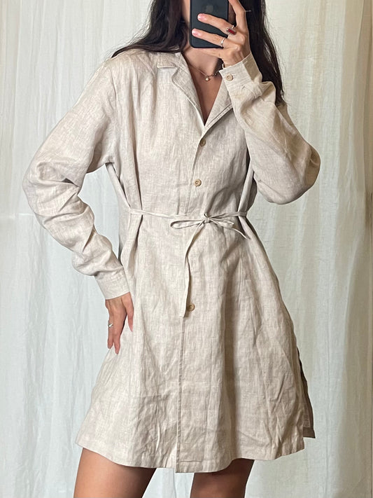 Vintage 100% Linen Cream Tunic Tie Blouse L