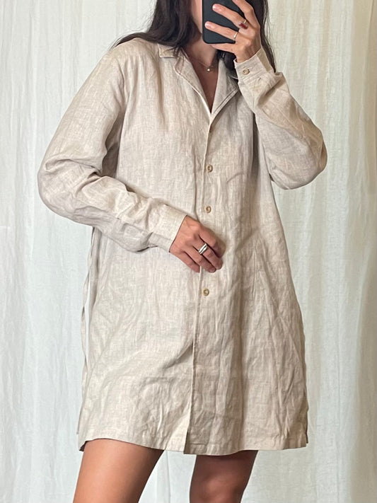 Vintage 100% Linen Cream Tunic Tie Blouse L