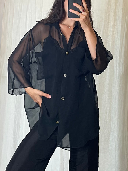 Vintage Black Button Down Sheer Oversized Blouse L/XL