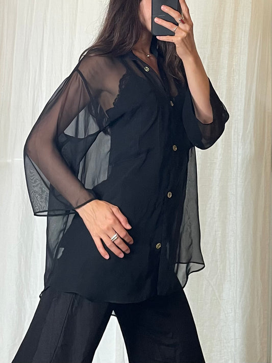 Vintage Black Button Down Sheer Oversized Blouse L/XL