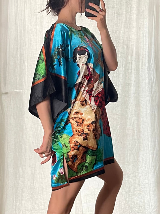 Vintage 100% Silk Japanese Art Mini Dress S/M