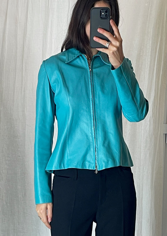 Vintage 100% Genuine Leather Turquoise Short Jacket S