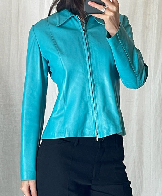 Vintage 100% Genuine Leather Turquoise Short Jacket S