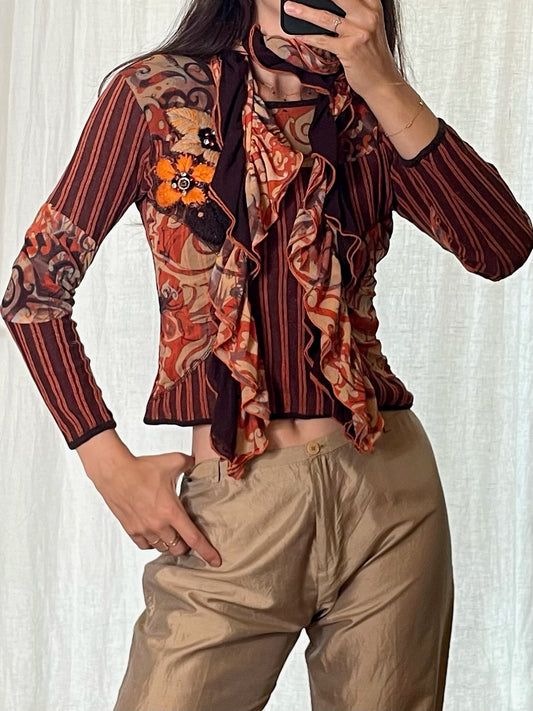 Vintage Y2k Orange & Burgundy Ribbed Floral Long Sleeve Sweater & Scarf S