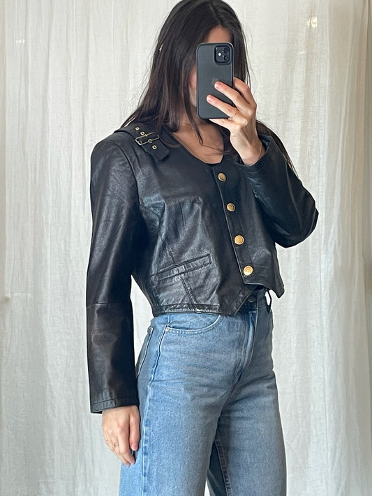 Vintage 100% Genuine Leather Black Cropped Jacket M/L
