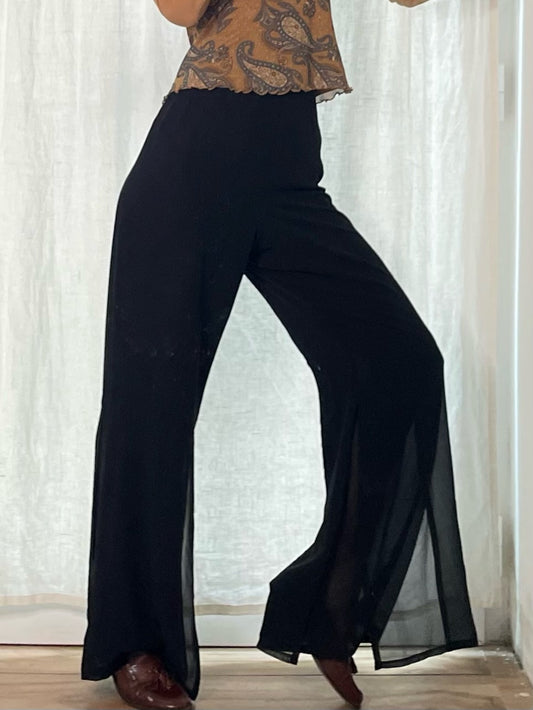 Vintage Black Flared Double Layered High Waisted Trousers M/L