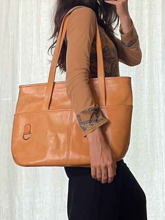 Vintage 100% Genuine Leather Tan Shoulder Tote Bag L