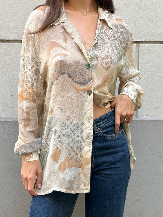 Vintage 100% Viscose Printed Long Sleeve Button Down Shirt M