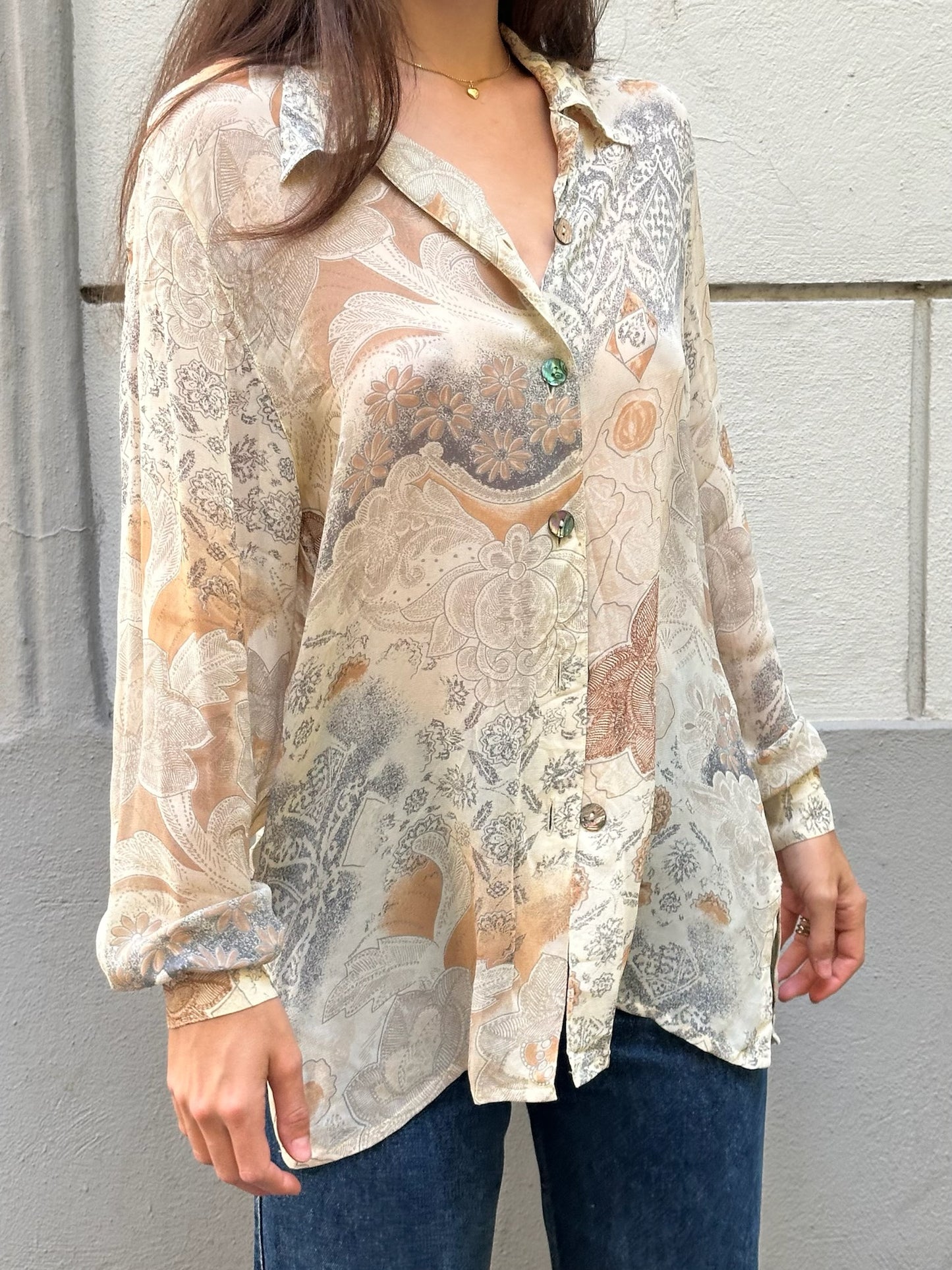 Vintage 100% Viscose Printed Long Sleeve Button Down Shirt M