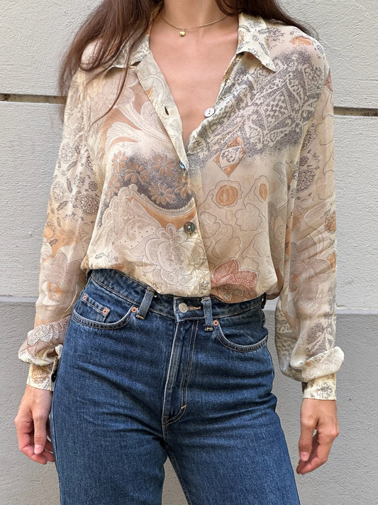 Vintage 100% Viscose Printed Long Sleeve Button Down Shirt M