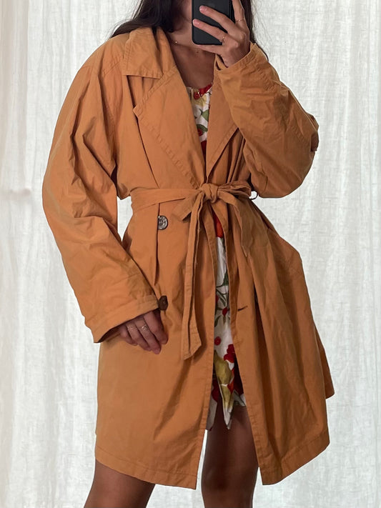 Vintage Cotton Blend Butterscotch Belted Lightweight Trench Coat M/L