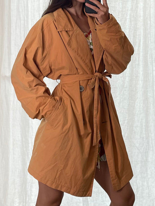 Vintage Cotton Blend Butterscotch Belted Lightweight Trench Coat M/L