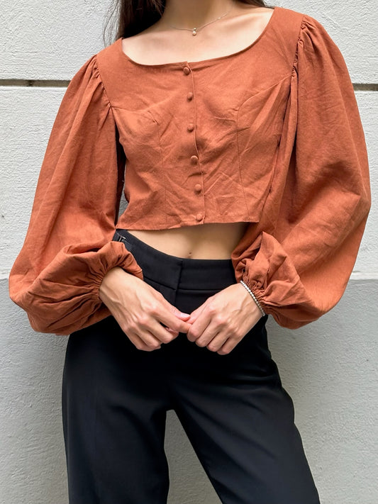 Vintage Linen/Cotton Blend Congac Peasant Blouse S/M