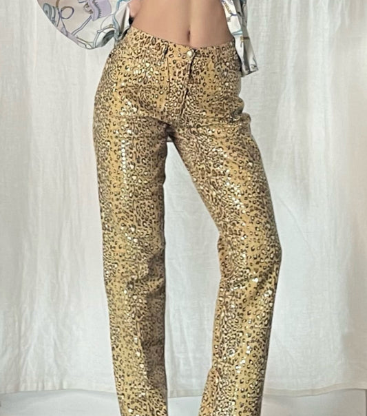 Vintage Cheetah Print Sequin Trousers S/EU 36