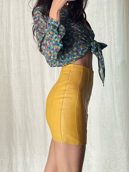 Vintage 100% Genuine Leather Yellow Mini Skirt XS/EU 34