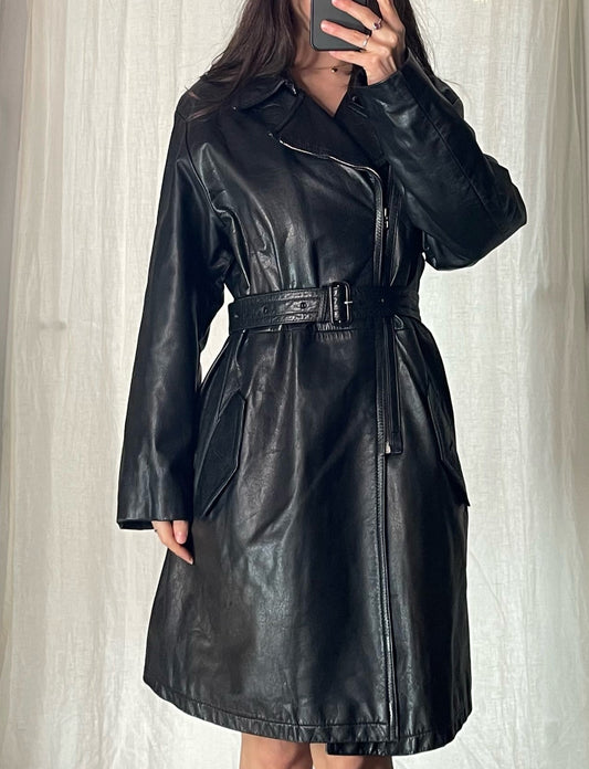 Vintage 100% Genuine Leather Black Midi Coat M/L