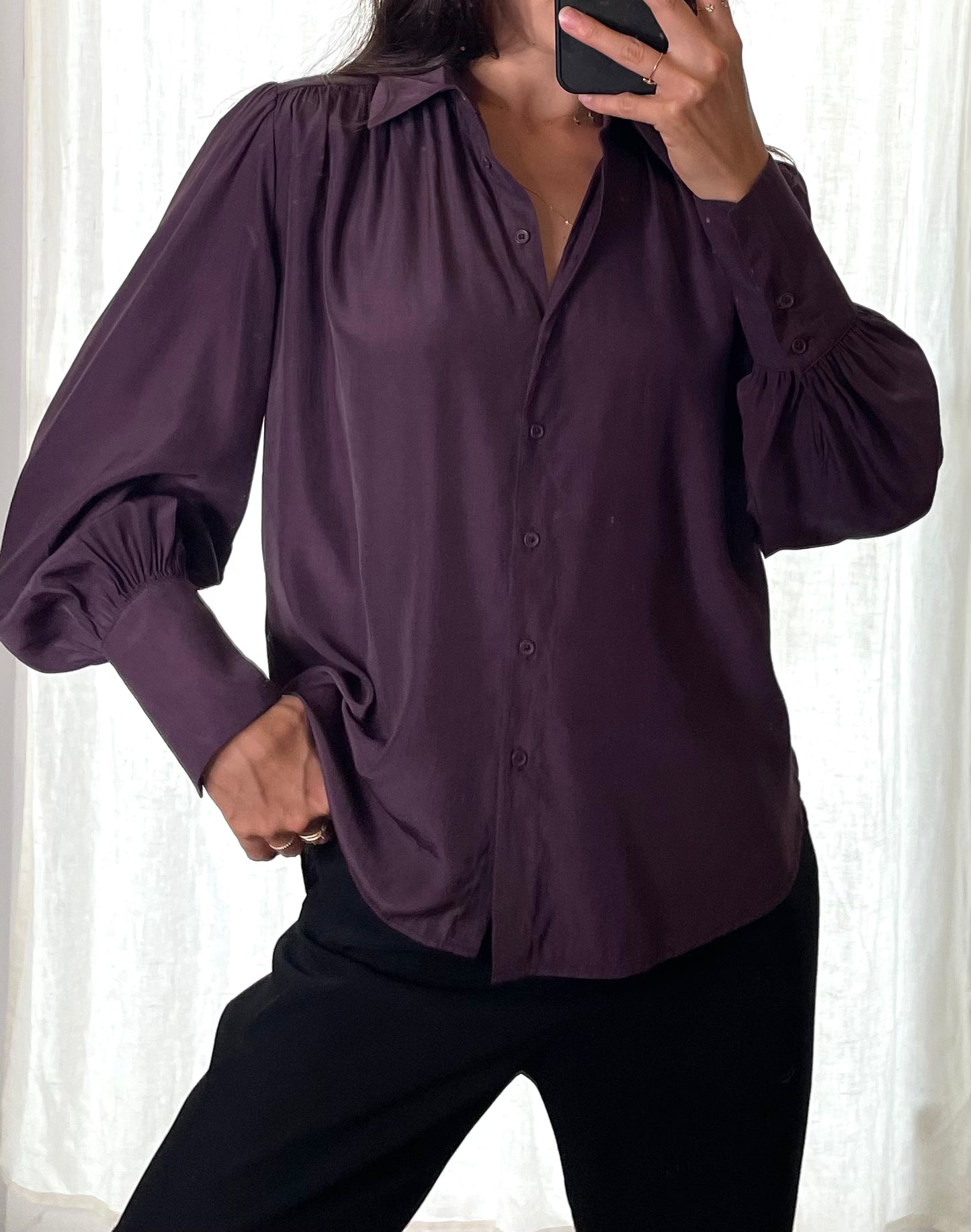 Vintage Eggplant Purple Button Down Puff Sleeve Blouse S/M