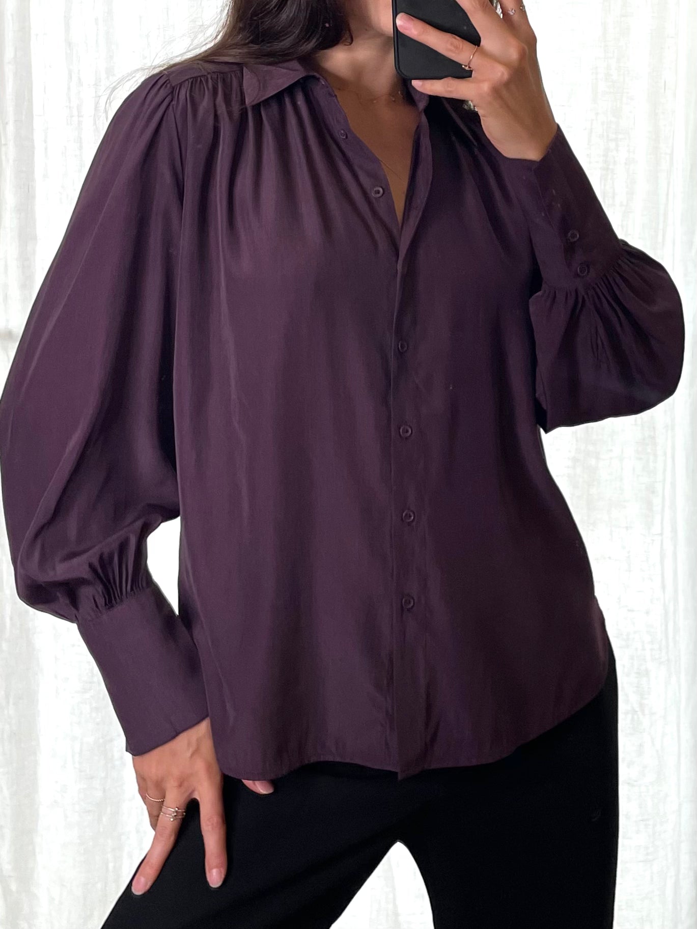 Vintage Eggplant Purple Button Down Puff Sleeve Blouse S/M