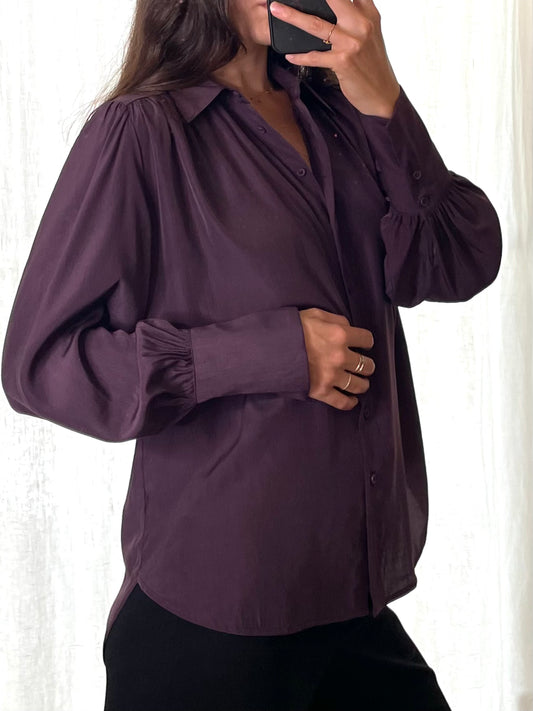 Vintage Eggplant Purple Button Down Puff Sleeve Blouse S/M