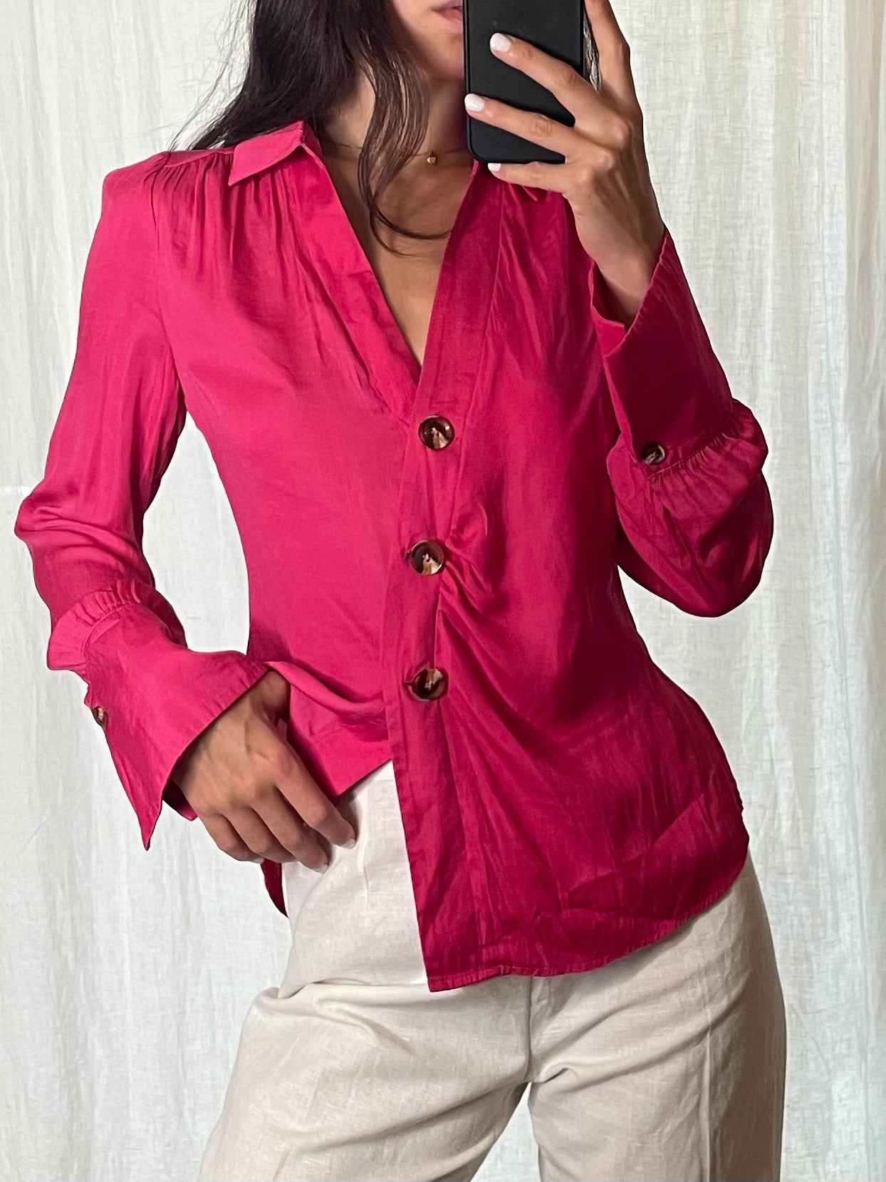 Bright Fuschia Blazer Style Button Down Blouse S