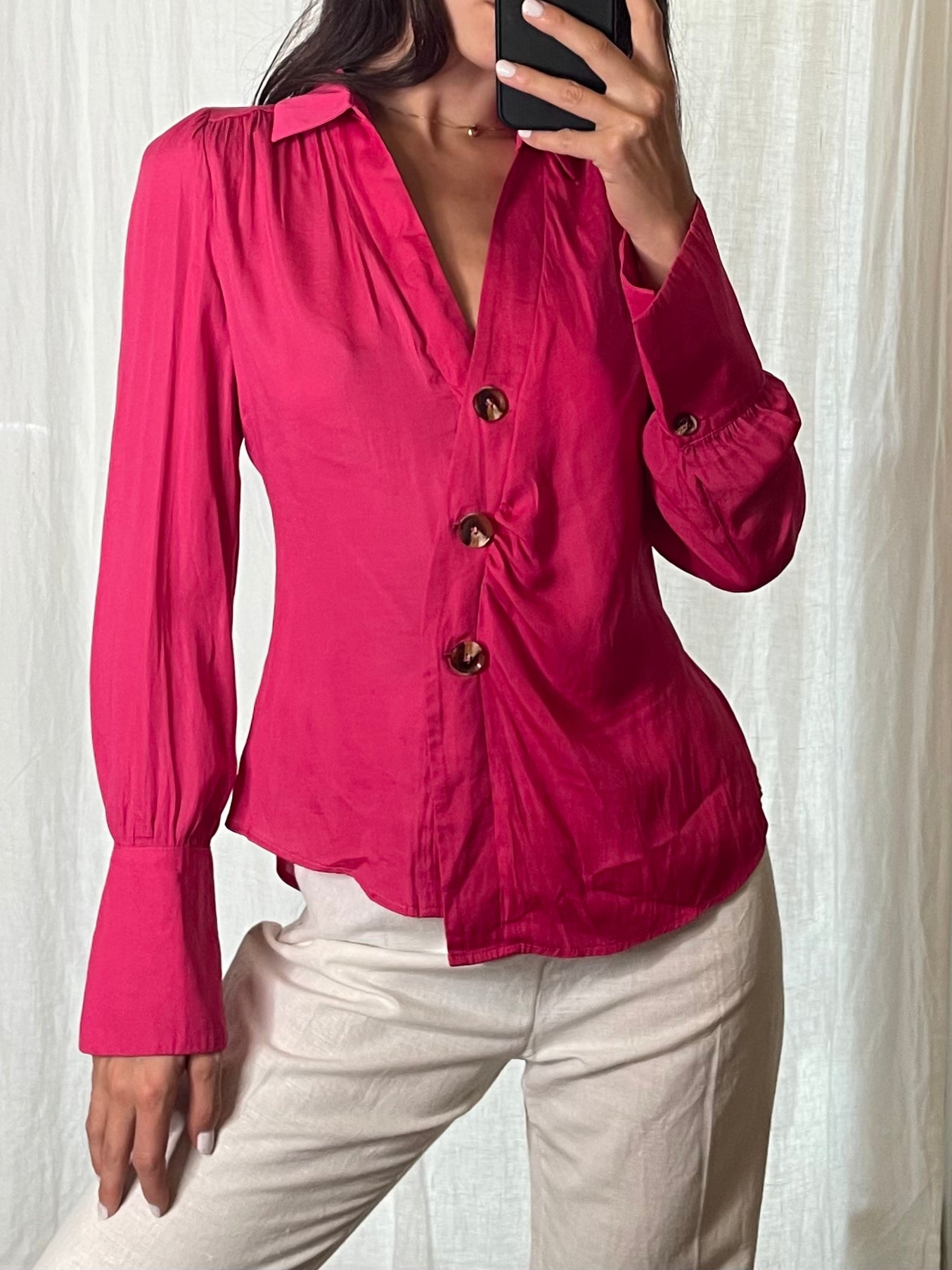 Bright Fuschia Blazer Style Button Down Blouse S