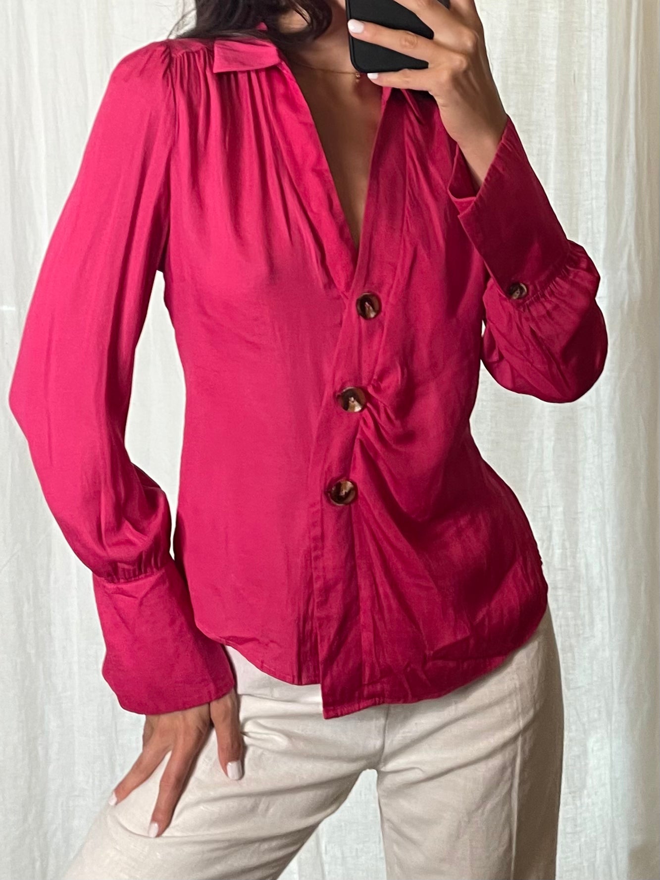 Bright Fuschia Blazer Style Button Down Blouse S