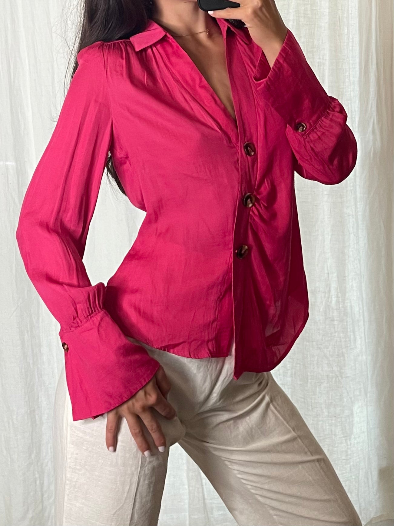 Bright Fuschia Blazer Style Button Down Blouse S