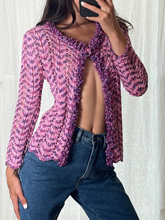 Vintage Handmade Pink & Purple Single Button Cardigan Sweater S