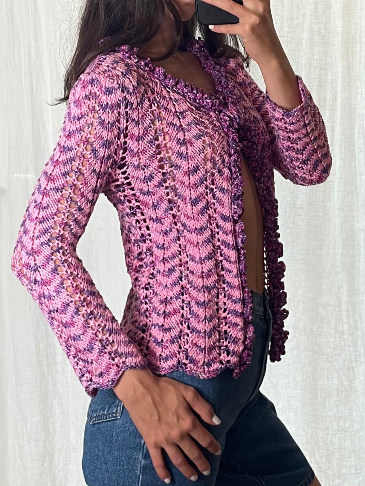 Vintage Handmade Pink & Purple Single Button Cardigan Sweater S