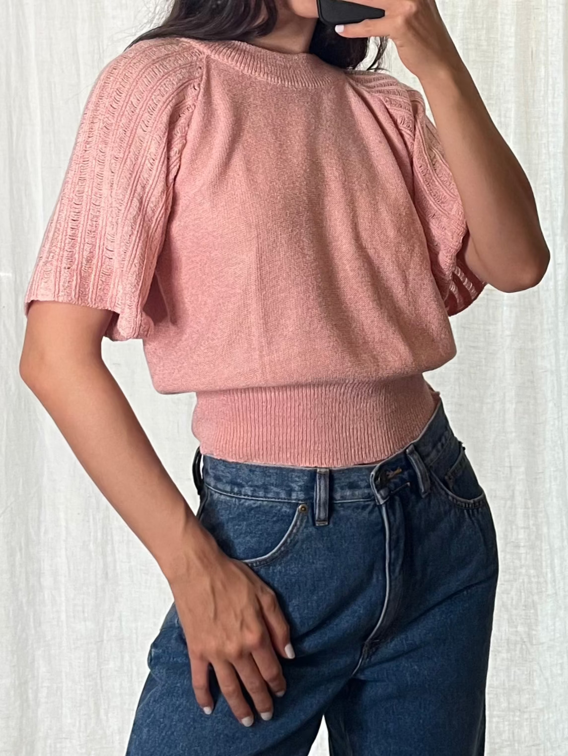 Vintage Peach Knitted Short Sleeve Top S