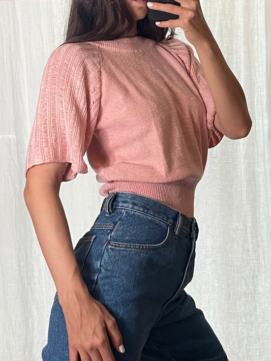 Vintage Peach Knitted Short Sleeve Top S