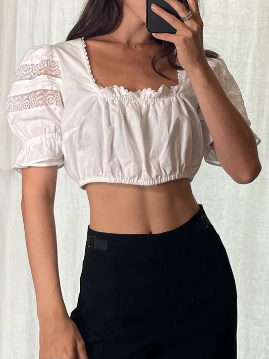 Vintage 100% Cotton Trachten Puff Sleeve Crop Blouse S