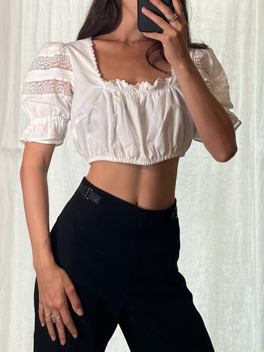 Vintage 100% Cotton Trachten Puff Sleeve Crop Blouse S