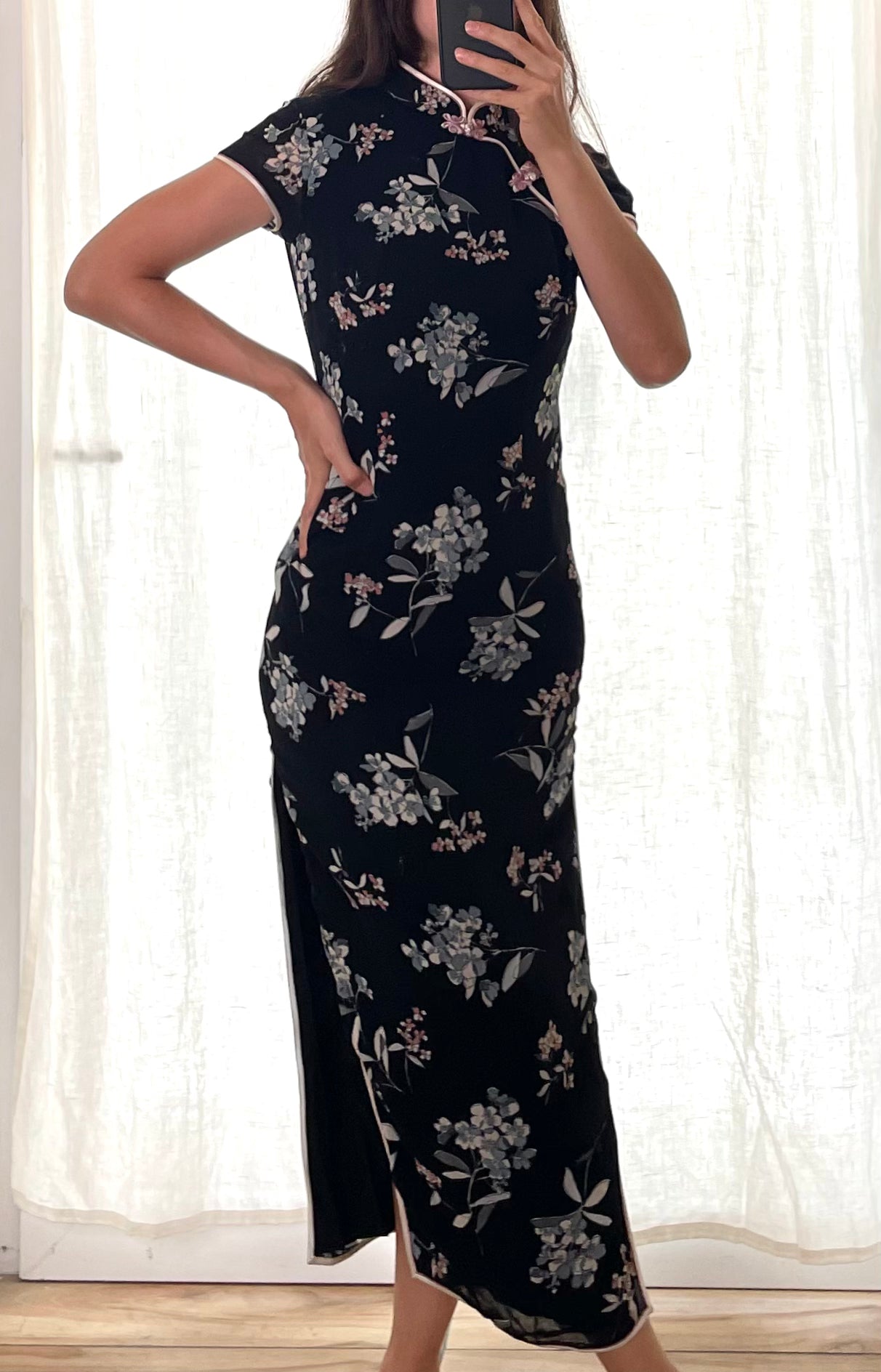 Vintage Asian/Oriental Navy Floral Maxi Dress With Slit XS