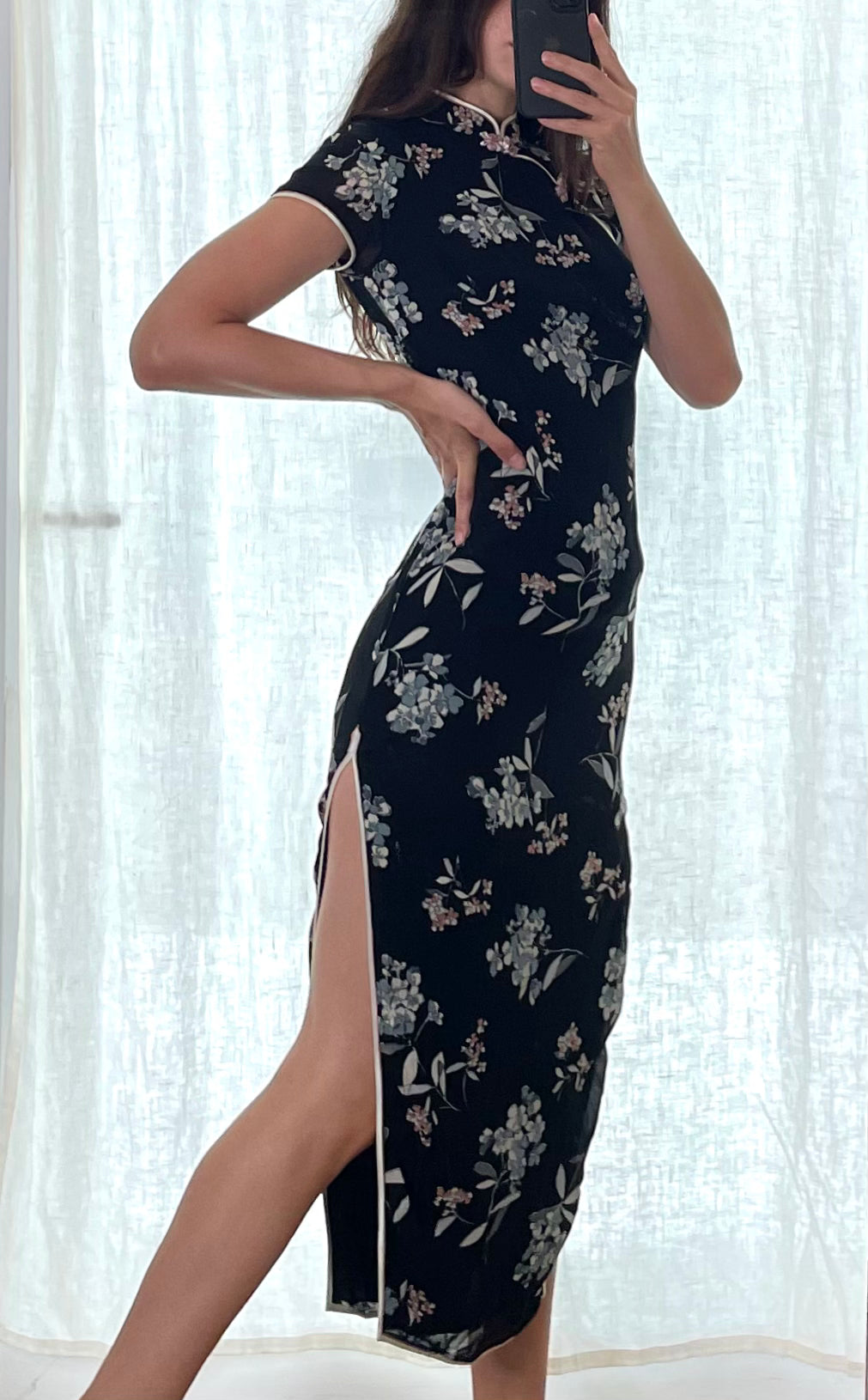 Vintage Asian/Oriental Navy Floral Maxi Dress With Slit XS