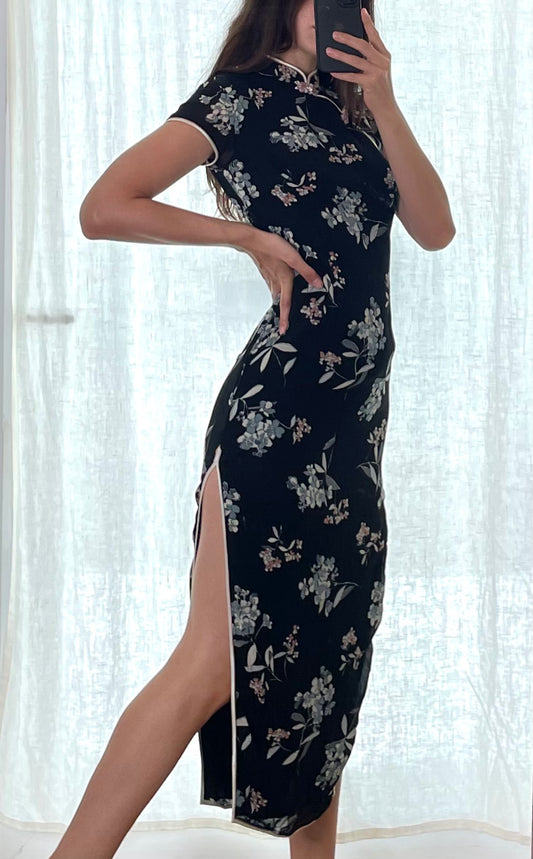 Vintage Asian/Oriental Navy Floral Maxi Dress With Slit XS