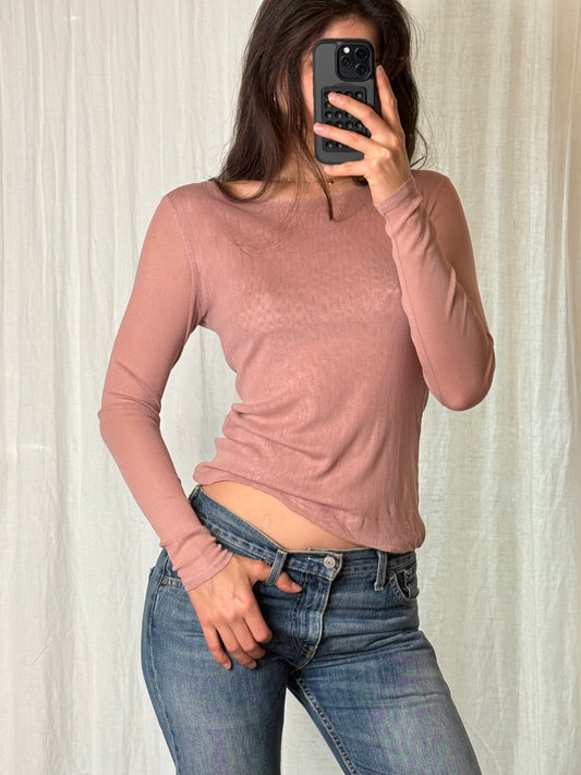 100% Silk Vintage Rose Coloured Boat Neck Long Sleeve Top S/M