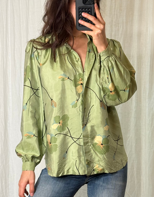 Vintage 100% Silk Floral Button Down Puff Sleeve Blouse S/M