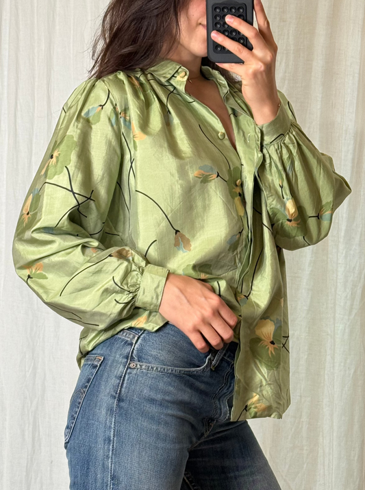 Vintage 100% Silk Floral Button Down Puff Sleeve Blouse S/M