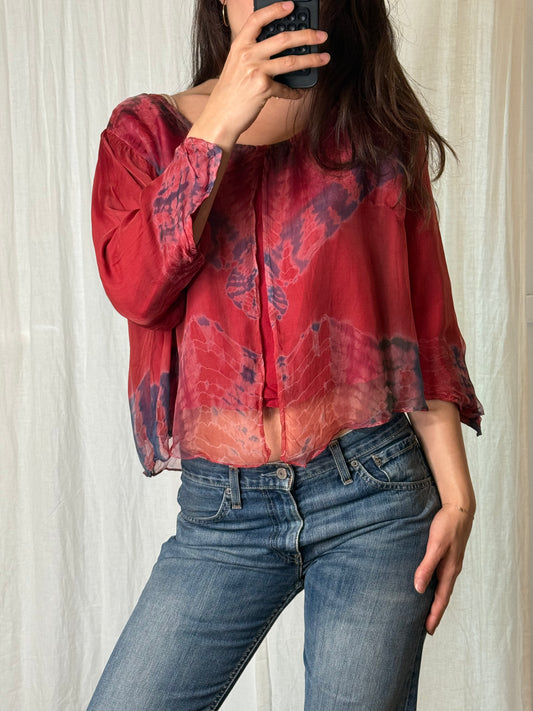 Vintage Silk Blend Tie Dye Burgundy Red Periwinkle Layered Top S/M