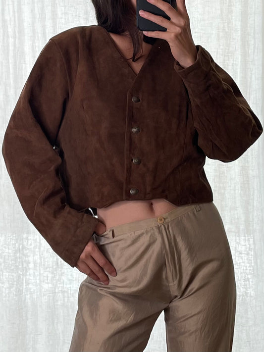 Vintage 100% Genuine Leather Suede Brown Cropped Jacket M