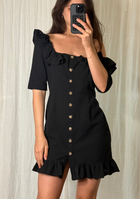 Linen Cotton Blend Ruffle Button Black Mini Dress S
